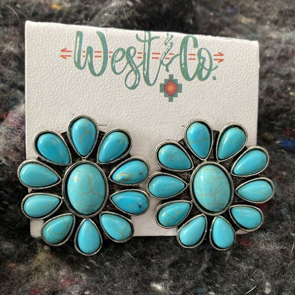 Faux Turquoise Floral Earrings large statement jewelry western southwest - Picture 2 of 8